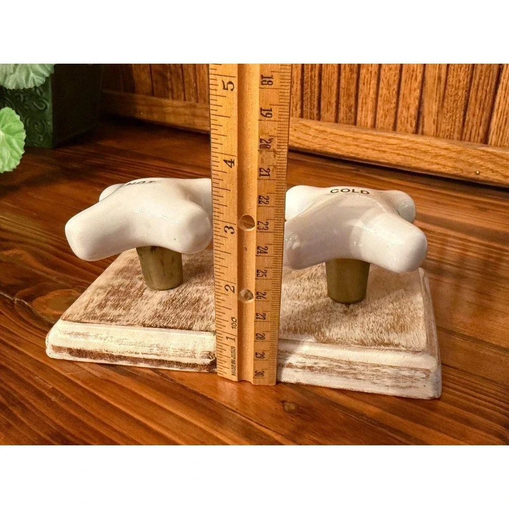 Hot Cold Faucet Knob Wall Hooks Set Rustic Farmhouse Wood Ceramic Bathroom